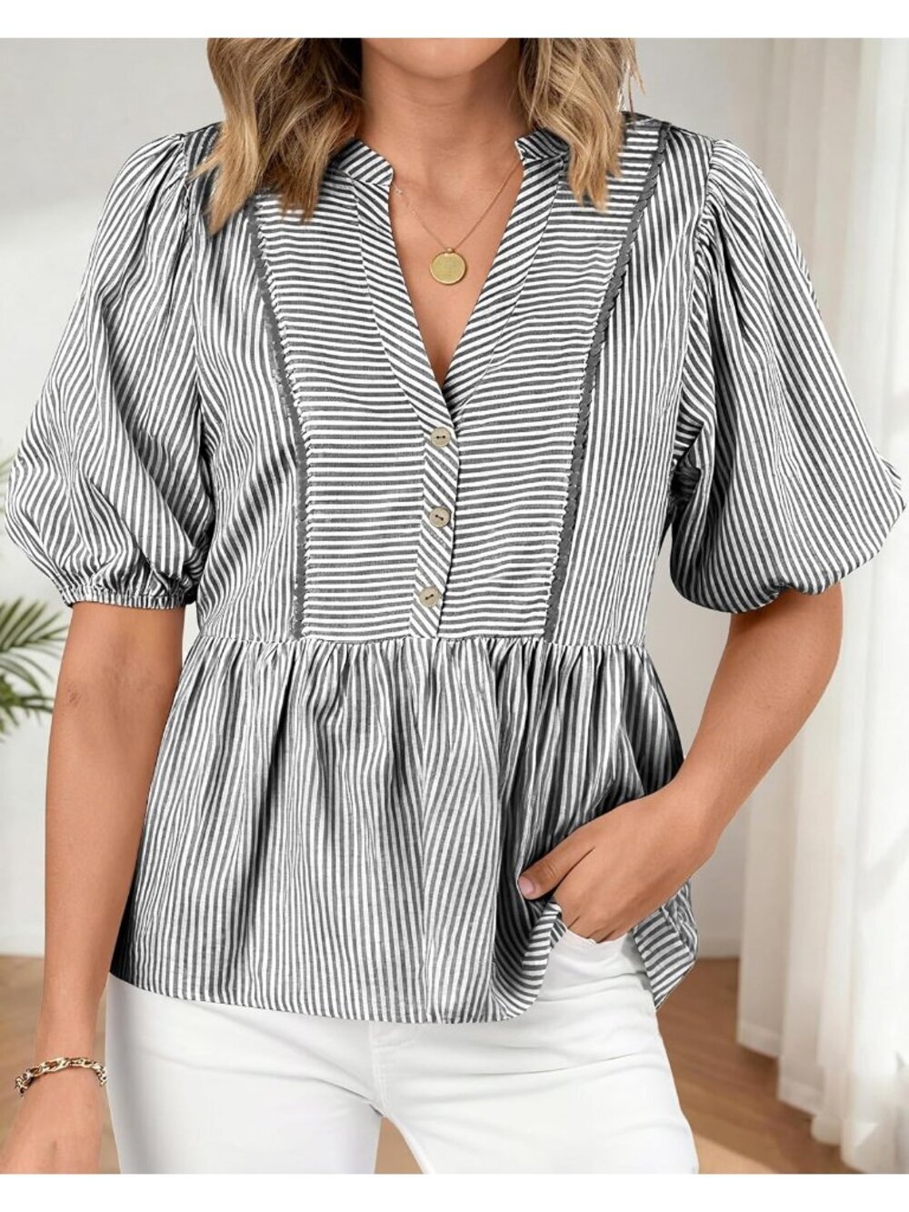 Women's Summer Tops Black Lantern Short Sleeve V Neck Button Peplum Shirts - Picture 4 of 6